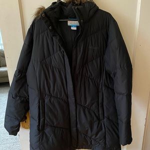 Women’s Columbia Black Faux Fur Lined Hood Long Puffer Coat Size Extra Large